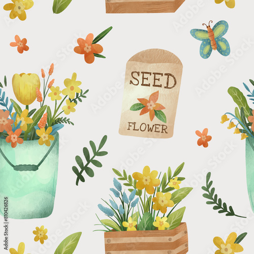 Gardening seamless pattern. spring garden flowers background.