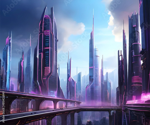 A stunning illustration of a futuristic city skyline, with towering skyscrapers reaching towards the clouds, illuminated by neon lights and bustling with energy and activity. Generative AI photo