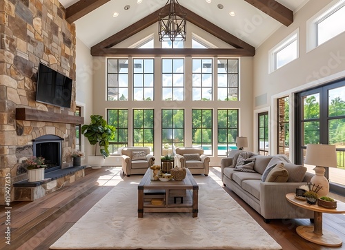 Big living room in a luxury new construction home with a vaulted ceiling