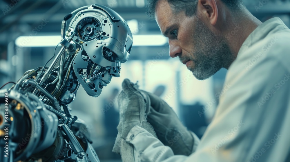 A robot stands in a factory, gazing at something with a mechanical precision. robot in industries A robot stands in a factory, gazing at something with a mechanical precision. robot in industries