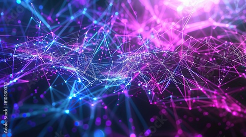 A futuristic plexus of vibrant purple and blue connections sprawling across a shadowy background with the lines resembling digital smoke specifically designed to include a text box in the center