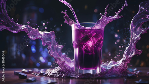 vibrant glowing purple drink  in the style of a product hero shot in motion  dynamic magazine ad image  photorealism  sleep and mystical elements around the background