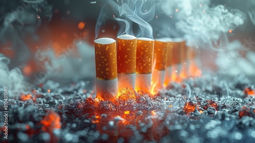 A row of cigarettes are burning in a pile of ash for World No Tobacco Day