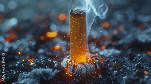A cigarette is lit on fire and is surrounded by ash for World No Tobacco Day