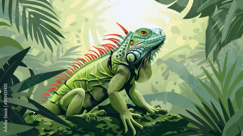 A vivid illustration of a green iguana in a dense tropical jungle  emphasizing its vibrant colors and textures.