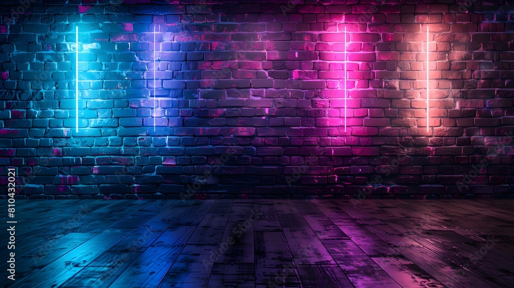 A brick wall with glowing neon lights in blue and purple, creating an atmospheric background for product photography. A brick wall with glowing neon lights in blue and purple, creating an atmospheric background for product photography.