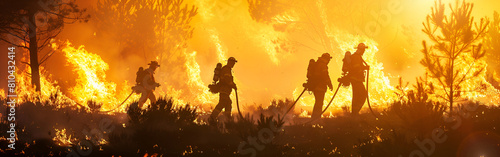fire men are fighting with fire in a jungle firefighter gear fire alarms on burning background