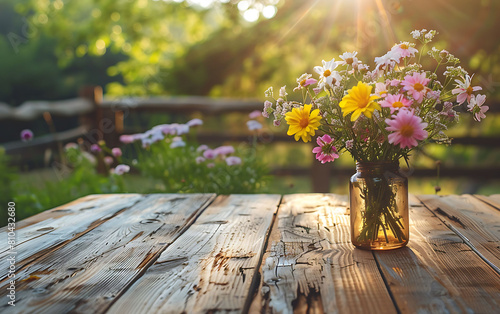 Rustic wooden table adorned with fresh flowers  basking in soft morning sunlight