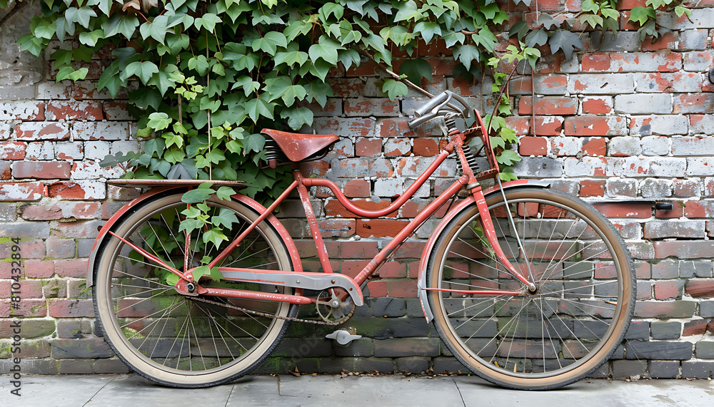 Vintage bicycle parked against a weathered brick wall covered in ivy