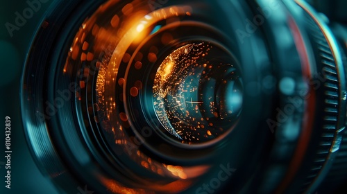 A closeup of the camera lens captures the sharp focus and intricate details that make up each frame in high-definition video production.  © horizon