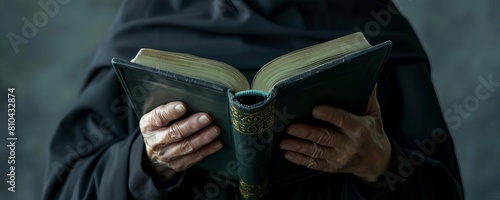 Nun praying while holding a Bible in her hands photo