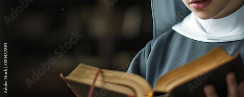 Nun praying while holding a Bible in her hands photo