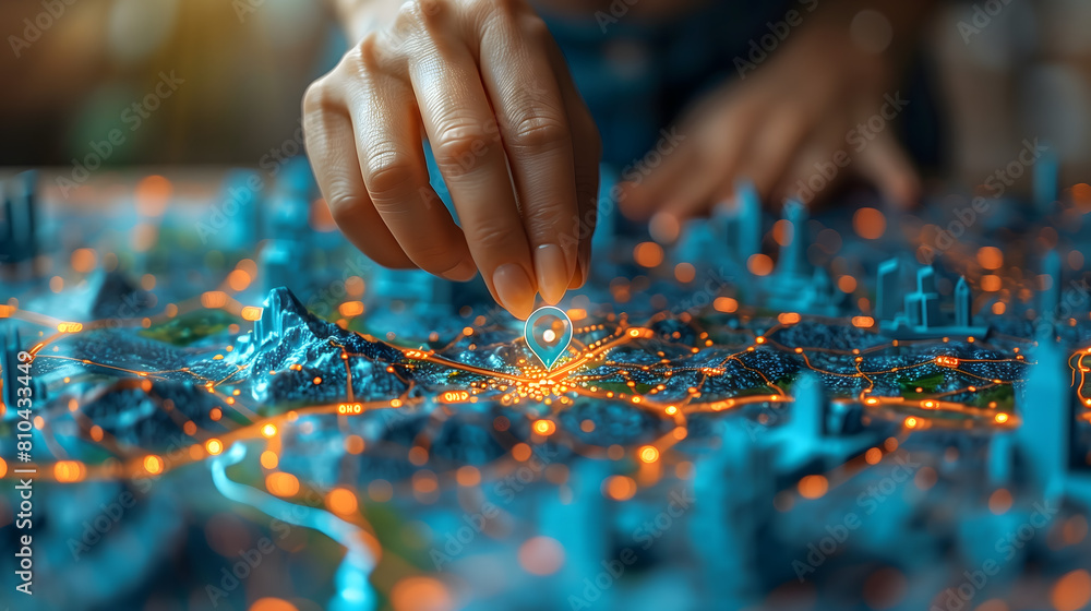Close-up of hands Point finger at the city cyber location map. Close-up of hands Point finger at the city cyber location map.