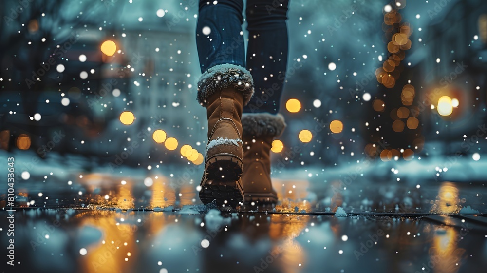 Naklejka premium A closeup of the woman's boots as she walks along an urban street, with snowflakes falling around her. The city lights create soft reflections on the wet pavement