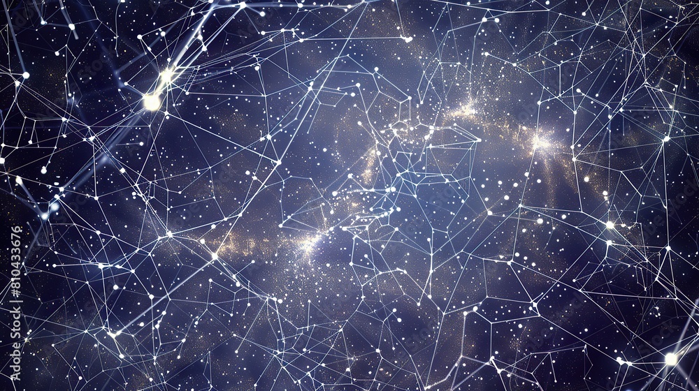 A network of thin silver-white lines connecting small bright points on a deep dark indigo background forming a galaxy-like plexus structure with a clear unobstructed area for text A network of thin silver-white lines connecting small bright points on a deep dark indigo background forming a galaxy-like plexus structure with a clear unobstructed area for text