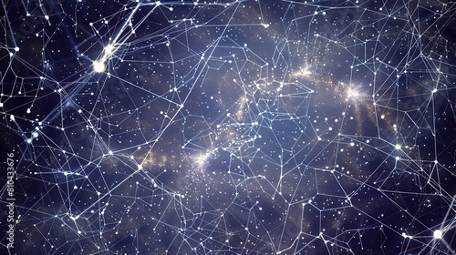 A network of thin silver-white lines connecting small bright points on a deep dark indigo background forming a galaxy-like plexus structure with a clear unobstructed area for text