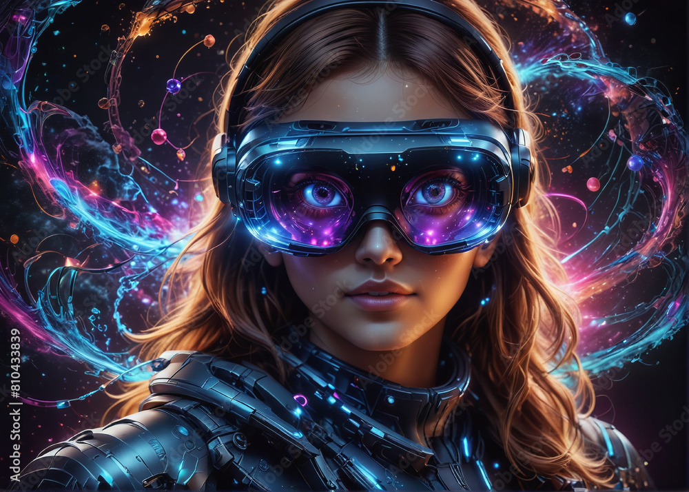 Young woman experience VR headset is using augmented reality eyeglasses Young woman experience VR headset is using augmented reality eyeglasses