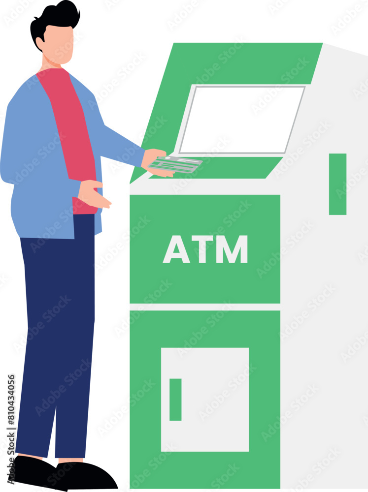 A boy is using an ATM machine.