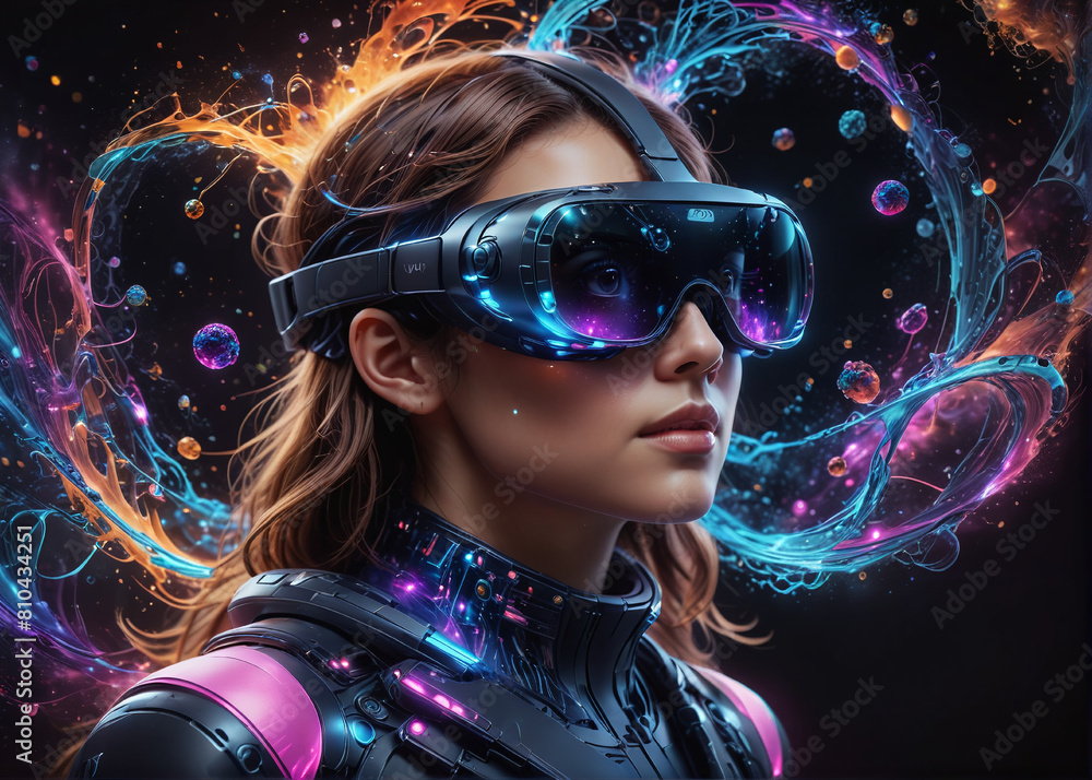 Young woman experience VR headset is using augmented reality eyeglasses Young woman experience VR headset is using augmented reality eyeglasses