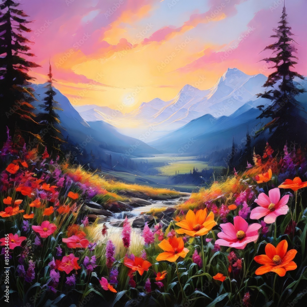 Fototapeta premium a Rendering of Pink Flower Mystical Fantasy Landscape Artwork Generative Ai Illustration