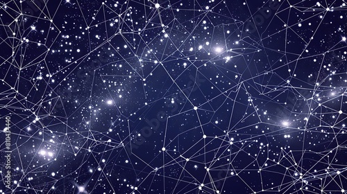 A network of thin silver-white lines connecting small bright points on a deep dark indigo background forming a galaxy-like plexus structure with a clear unobstructed area for text