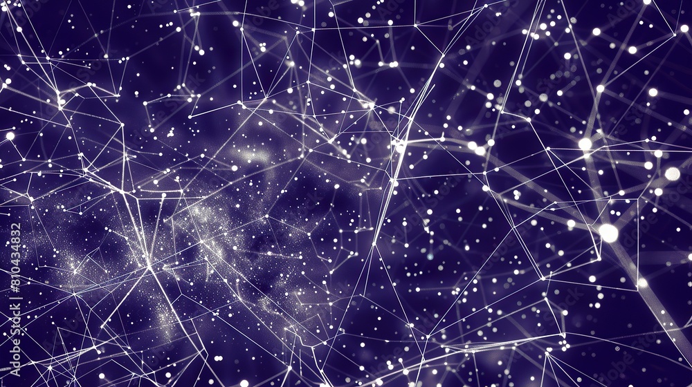 A network of thin silver-white lines connecting small bright points on a deep dark indigo background forming a galaxy-like plexus structure with a clear unobstructed area for text