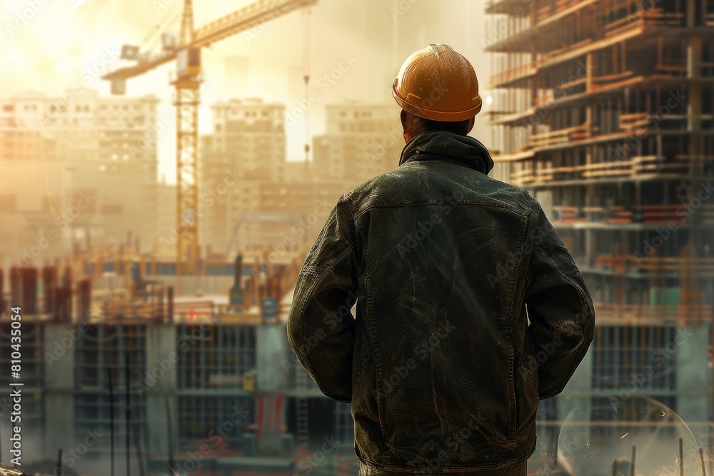 construction worker from behind looking at their latest projects construction worker from behind looking at their latest projects