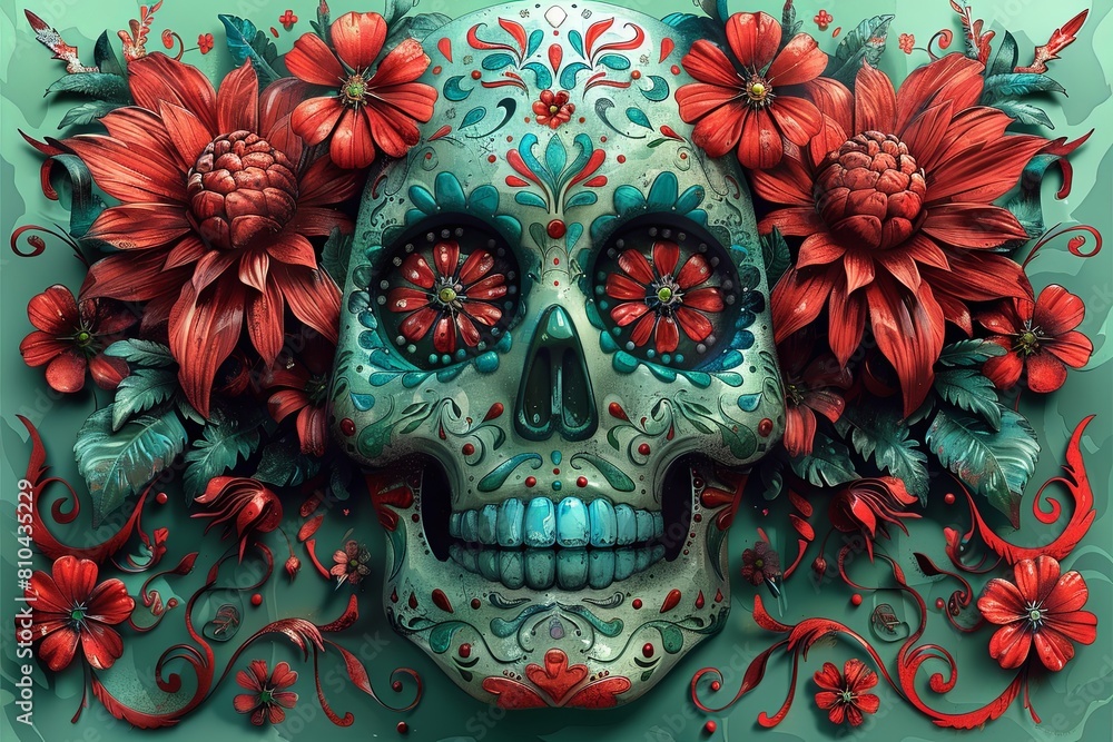 Symmetrical Day of the Dead Illustration: Vibrant Red, Green, and Blue Tones Symmetrical Day of the Dead Illustration: Vibrant Red, Green, and Blue Tones