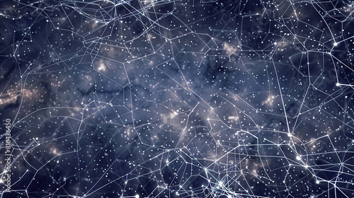 A network of thin silver-white lines connecting small bright points on a deep dark indigo background forming a galaxy-like plexus structure with a clear unobstructed area for text