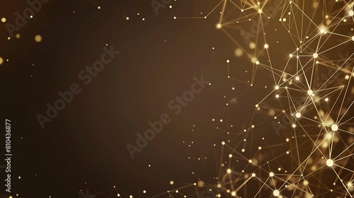 A serene and sophisticated network of soft gold and cream colored dots connected by luminous lines on a dark brown background leaving plenty of space for text on the right side