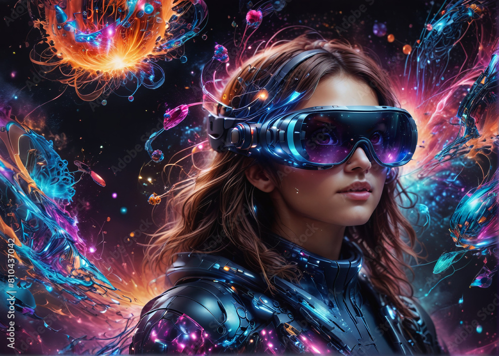 Young woman experience VR headset is using augmented reality eyeglasses Young woman experience VR headset is using augmented reality eyeglasses