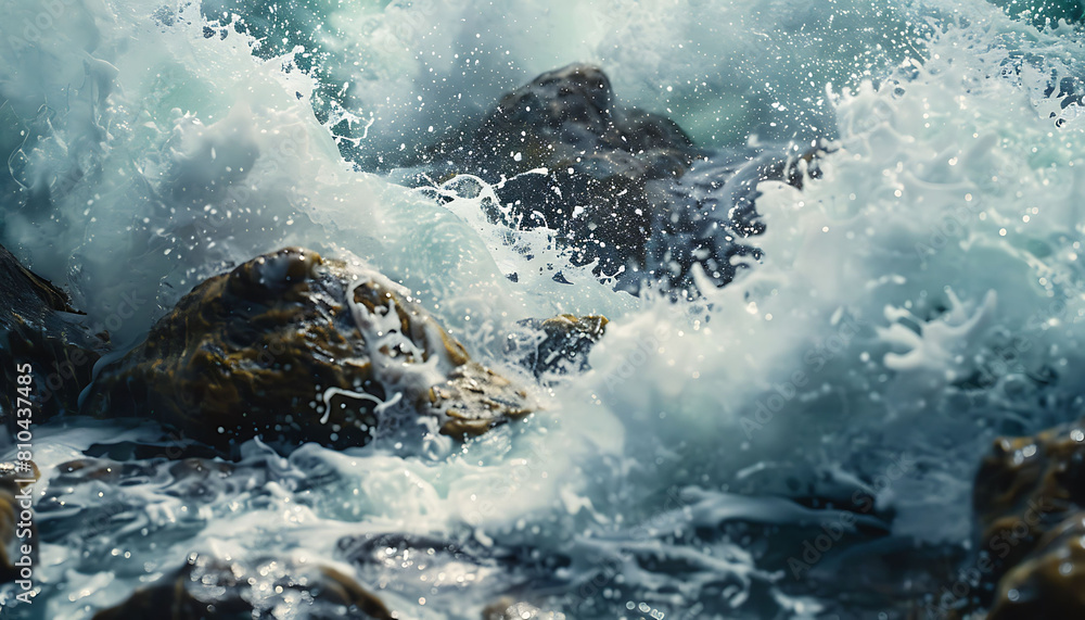 Fototapeta premium Showcase the dynamic movement of waves crashing against rocks