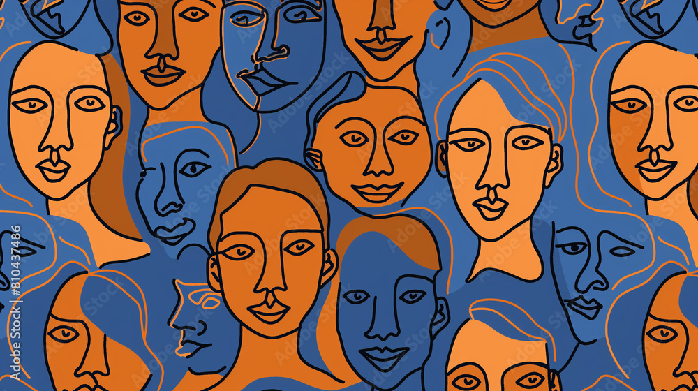 This simple illustration features smiling faces in various skin tones against a blue background. Flat colors and hand-drawn lines are used to create an organic pattern, adding warmth and authenticity This simple illustration features smiling faces in various skin tones against a blue background. Flat colors and hand-drawn lines are used to create an organic pattern, adding warmth and authenticity