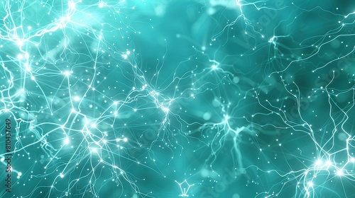 A soothing teal-colored backdrop with a dense network of white and blue glowing connections that create a serene plexus effect designed with a large area for text on the left