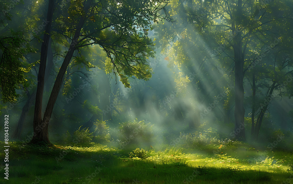 Contrast the tranquility of a forest glade with shafts of sunlight Contrast the tranquility of a forest glade with shafts of sunlight