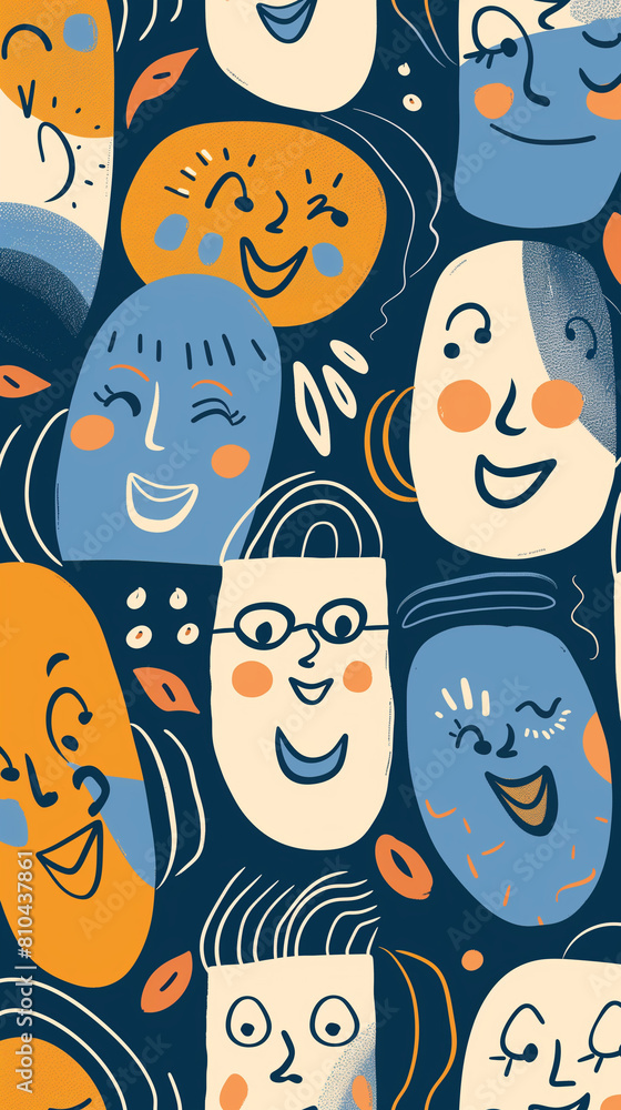 This simple illustration features smiling faces in various skin tones against a blue background. Flat colors and hand-drawn lines are used to create an organic pattern, adding warmth and authenticity 