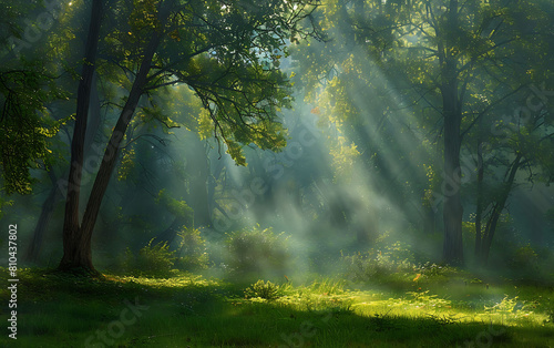 Contrast the tranquility of a forest glade with shafts of sunlight