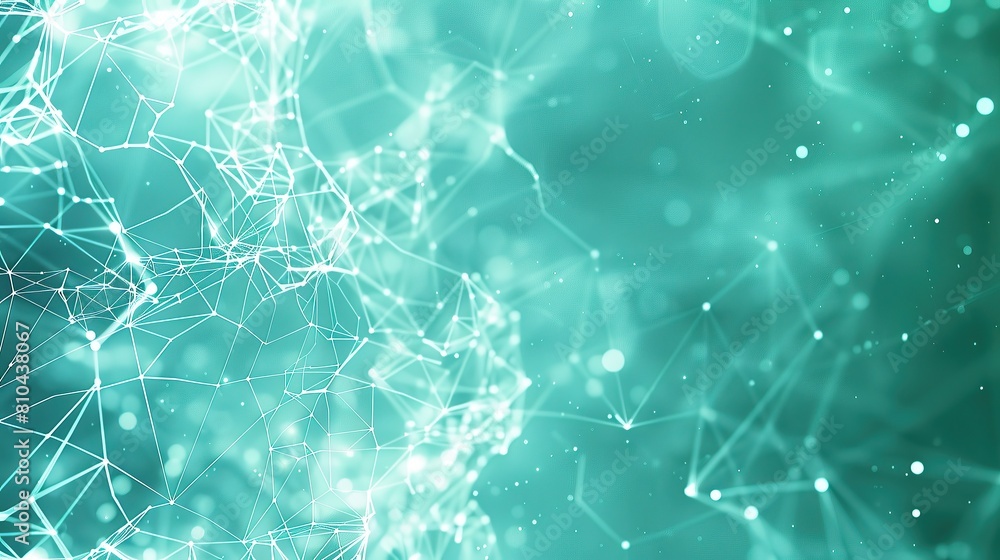 A soothing teal-colored backdrop with a dense network of white and blue glowing connections that create a serene plexus effect designed with a large area for text on the left A soothing teal-colored backdrop with a dense network of white and blue glowing connections that create a serene plexus effect designed with a large area for text on the left
