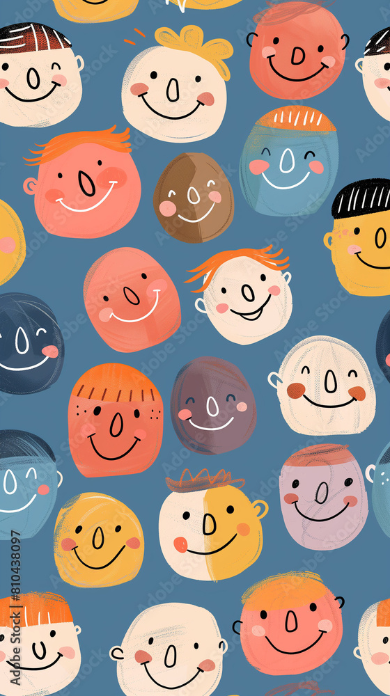This seamless pattern features simple line drawings of diverse faces smiling, rendered in earthy tones against an electric blue background. The design emphasizes emotional connection with warm browns This seamless pattern features simple line drawings of diverse faces smiling, rendered in earthy tones against an electric blue background. The design emphasizes emotional connection with warm browns