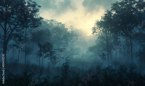 Capture the mystique of a fog-shrouded forest at dawn