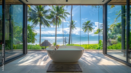 A large bathroom with an elegant bathtub overlooking the sea and palm trees  featuring panoramic windows that open to outdoor views of lush greenery and azure waters. 