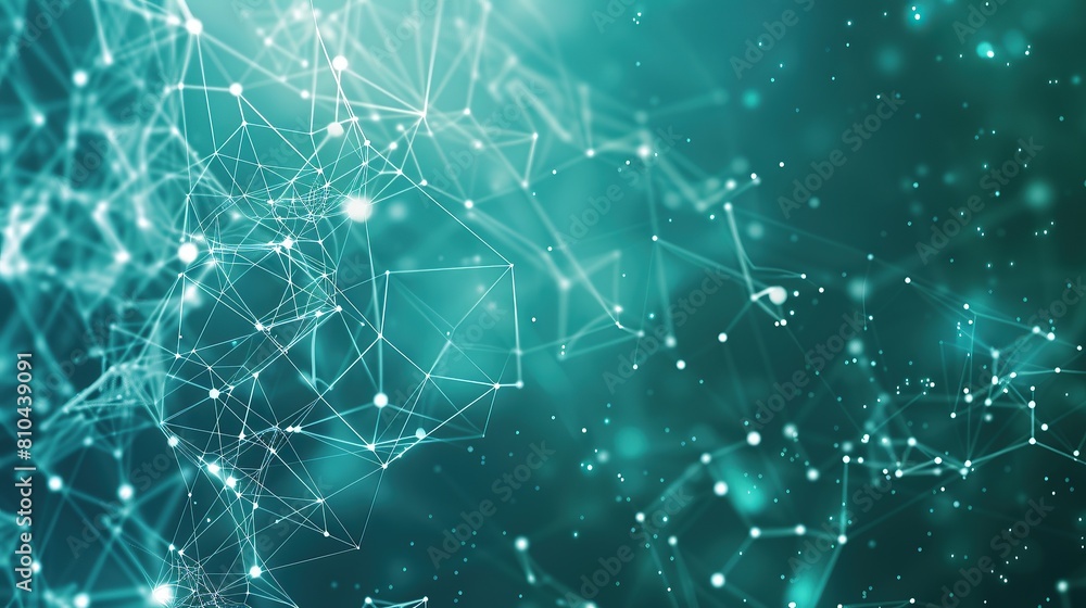 A soothing teal-colored backdrop with a dense network of white and blue glowing connections that create a serene plexus effect designed with a large area for text on the left A soothing teal-colored backdrop with a dense network of white and blue glowing connections that create a serene plexus effect designed with a large area for text on the left