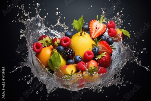 Heart-shaped Fruits Surrounded by Splashes of Water  Offering a Bounty of Vitamins for Health and Vitality