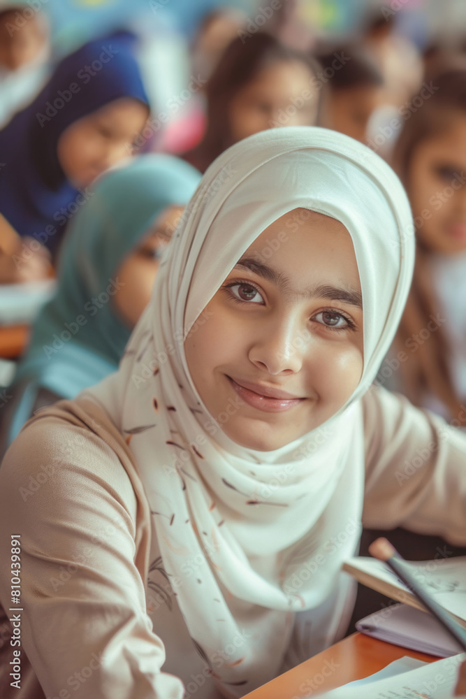 A student in a white hijab sits in the classroom with other students, writing in books and smiling. A student in a white hijab sits in the classroom with other students, writing in books and smiling.