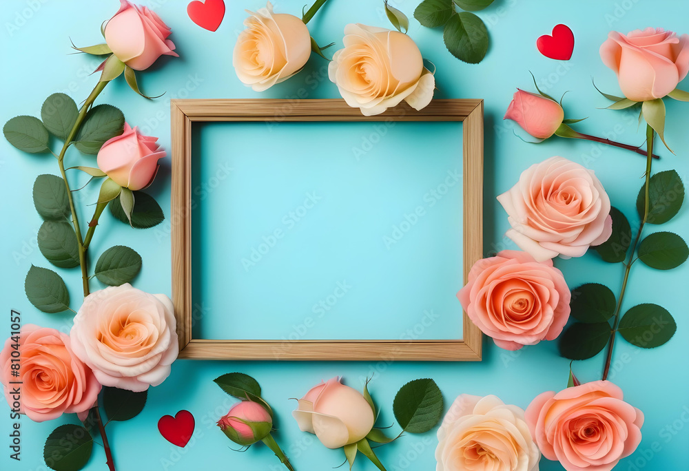 Fototapeta premium A flat lay of a photo frame surrounded by white roses with red hearts on a pastel blue background