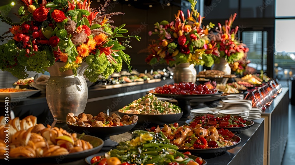 A luxurious corporate event with an exquisite food station featuring a variety of mouthwatering dishes,  for guests at the company's conference or office party.