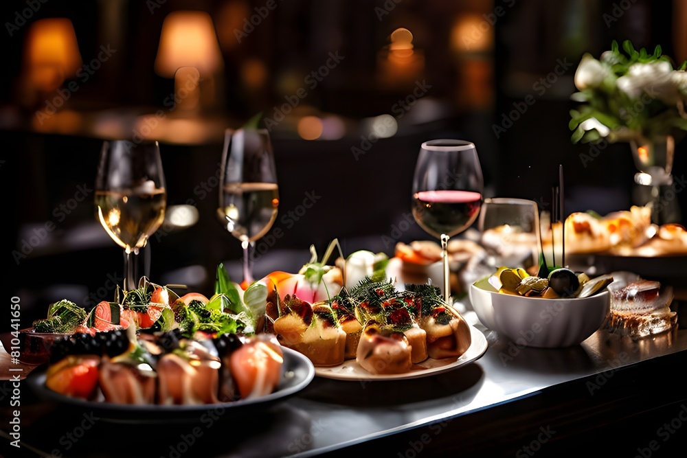 Elegant and select restaurant table Tapas and appetizers, assorted canapés on the bar table Soft light and romantic atmosphere food