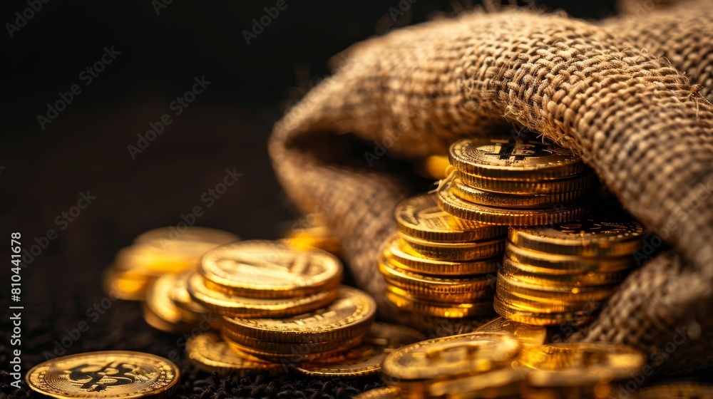 Stacking Gold Coins in a Treasure Sack Against a Black Background, Illustrating Money Management for Business Planning, Investment, and Future Savings Concepts Stacking Gold Coins in a Treasure Sack Against a Black Background, Illustrating Money Management for Business Planning, Investment, and Future Savings Concepts