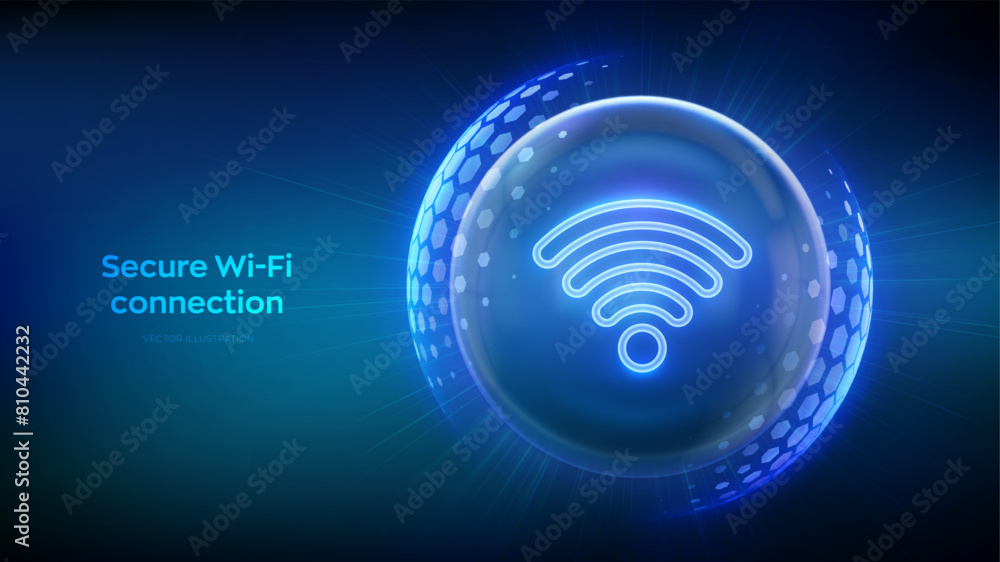 Wi-Fi network icon inside transparent protection sphere shield with hexagon pattern on blue background. Secure Wi Fi wireless network connection. Cyber Security. Wifi Encryption. Vector illustration. Wi-Fi network icon inside transparent protection sphere shield with hexagon pattern on blue background. Secure Wi Fi wireless network connection. Cyber Security. Wifi Encryption. Vector illustration.
