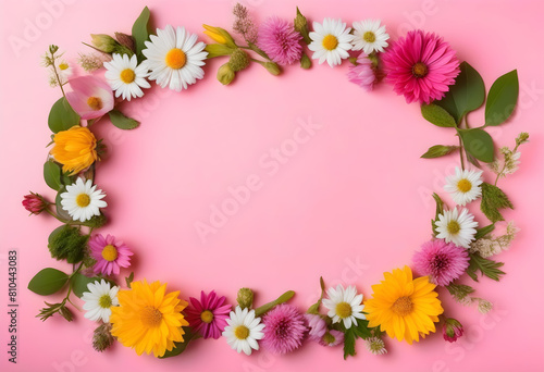 A flat lay of a wreath made of flowers and green leaves on a pink background